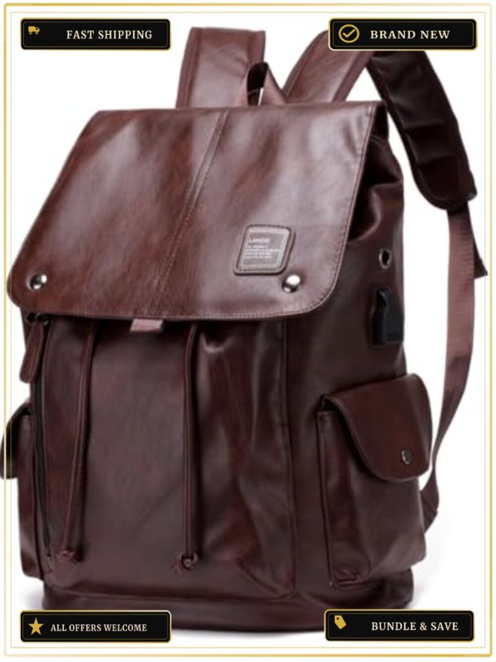 Soft PU Leather Laptop Backpack with USB Charging Port, Waterproof, Unisex